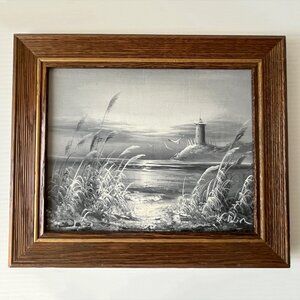 Vintage Midnight Lighthouse Seascape Oil/Acrylic on Wood Panel Signed K. Blin